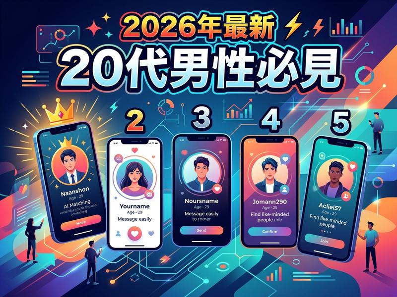 2026年最新、20代男性向けマッチングアプリを5つ紹介する画像。