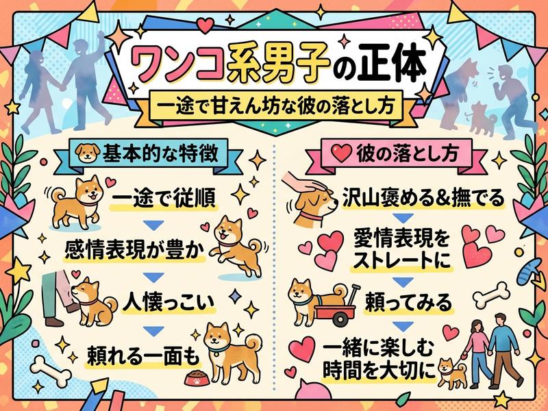 ワンコ系男子の特徴と恋愛攻略法を柴犬イラストで解説したインフォグラフィック。