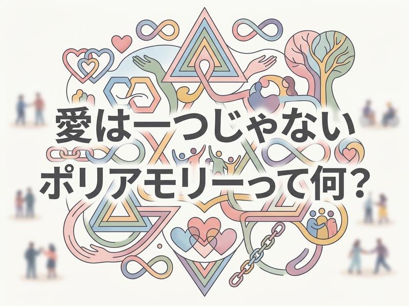 「愛は一つじゃない ポリアモリーって何？」の文字と、多様な愛を示すカラフルなイラスト。