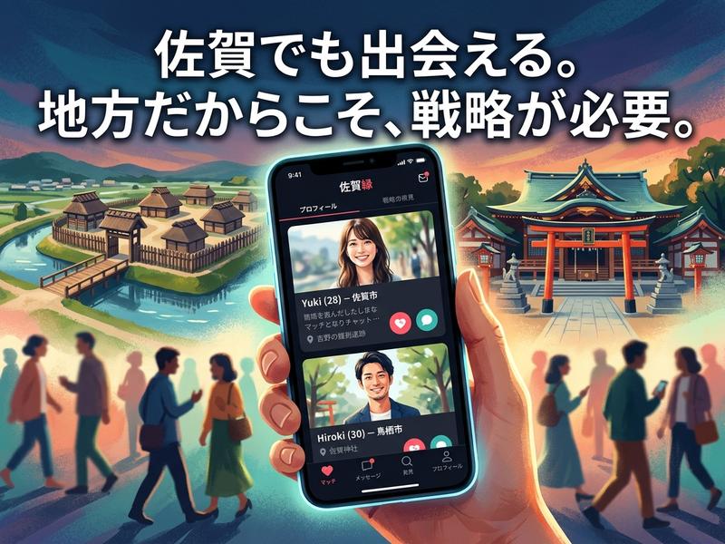 佐賀県を舞台に、マッチングアプリの画面と歴史的建造物、神社、人々を描いたイラスト。地方での出会いの機会を表現。