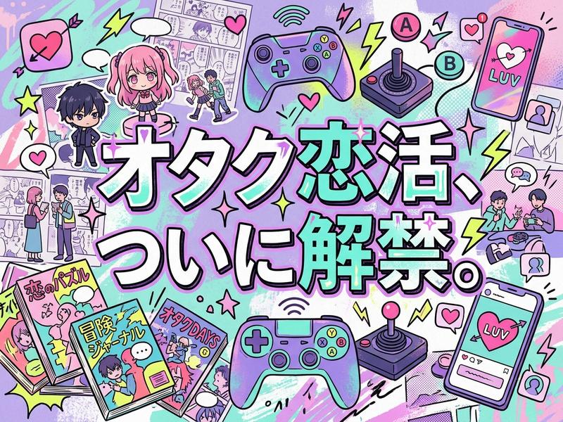 「オタク恋活、ついに解禁！」の文字と、ゲームや漫画、スマホの要素を描いたポップなイラスト。