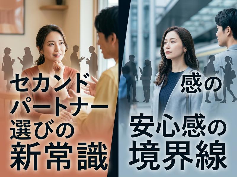 セカンドパートナー選びの新常識と安心感の境界線を示す男女の画像。