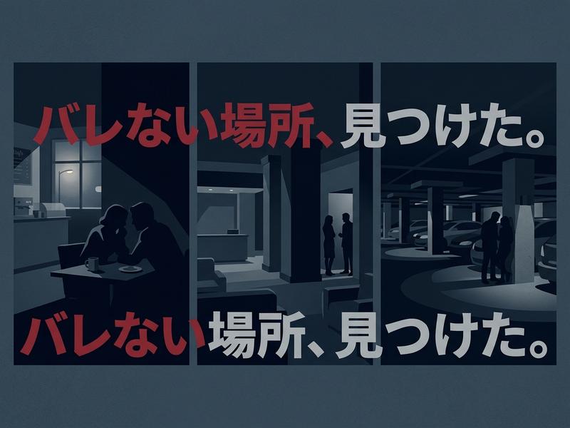 「バレない場所、見つけた。」の文字と、カフェ・受付・駐車場で男女が密会するイラスト。