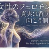 「女性のフェロモン：真実は香りの向こう側に」のタイトルと、抽象的な女性のイラスト。