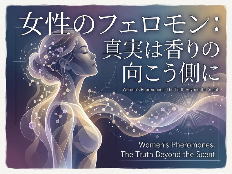 「女性のフェロモン：真実は香りの向こう側に」のタイトルと、抽象的な女性のイラスト。