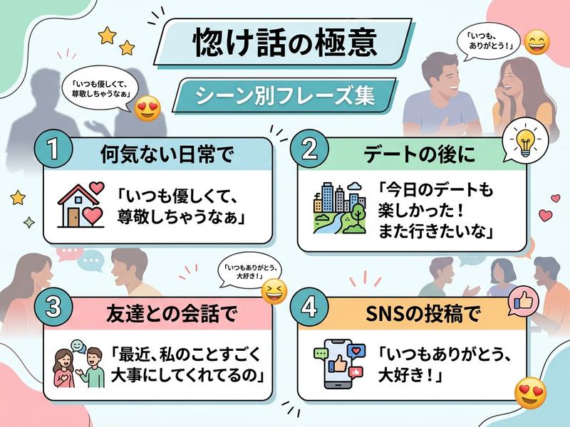 惚気話の極意：日常、デート、SNSなどシーン別褒め言葉フレーズ集。