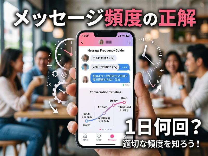 メッセージ頻度の正解を示すスマホ画面。カフェで人々が交流。