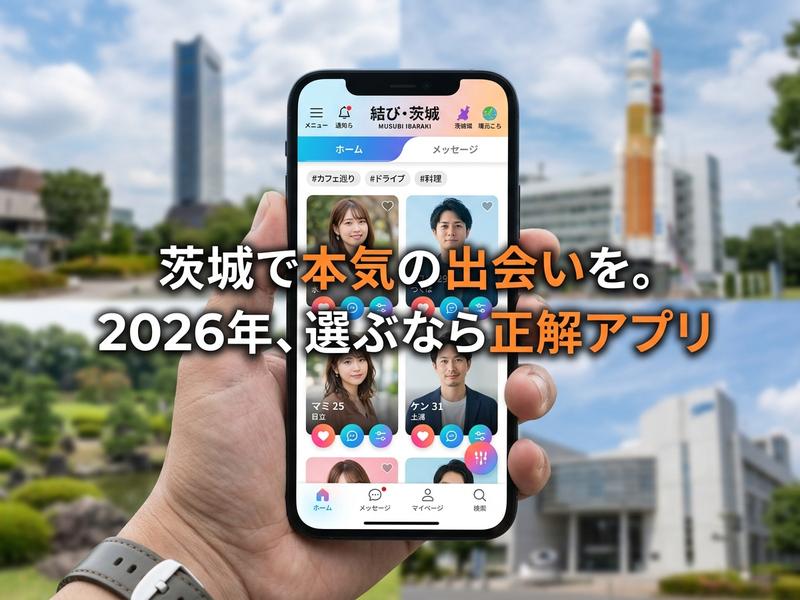 茨城の風景を背景に、マッチングアプリ「結び・茨城」のスマホ画面を持つ手元。