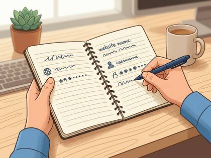 ウェブサイトのログイン情報を手書きのノートに記録する様子。