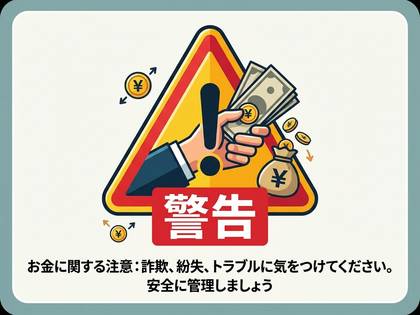 金銭トラブルを警告するイラスト。詐欺や紛失に注意。