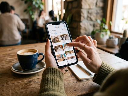 Googleで猫の画像を検索する手とコーヒーカップ。