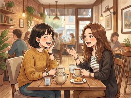 カフェで笑顔で語り合う二人の女性