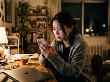 デスクでスマホを見つめ、困惑した表情の女性。