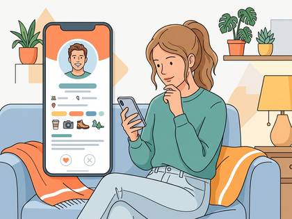 女性がマッチングアプリのプロフィールを見ているイラスト。