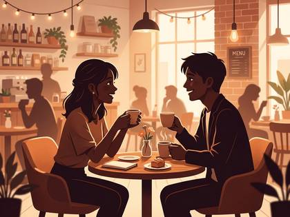カフェで向かい合って座り、笑顔でコーヒーを飲む男女のカップル。