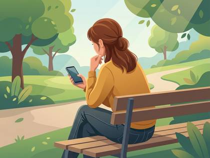 公園のベンチに座り、スマートフォンを眺める女性。