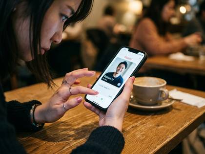 スマホでマッチングアプリを操作する女性。