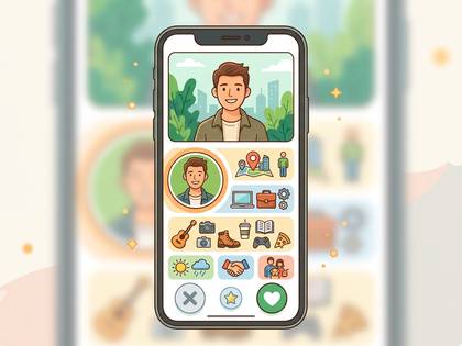 スマートフォンに表示された、男性のプロフィールと趣味やライフスタイルアイコン。