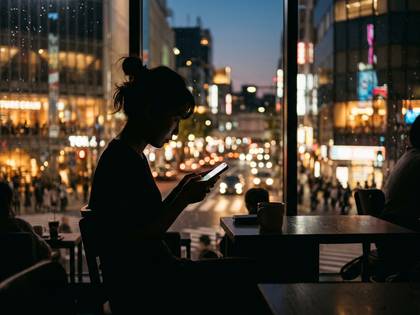 夜の街を背景に窓際でスマートフォンを操作する女性のシルエット