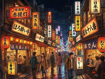 提灯とネオンが輝く、日本の夜の活気ある居酒屋街。