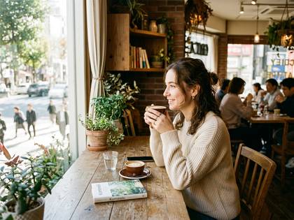 窓際のカフェで笑顔でコーヒーを飲む女性。
