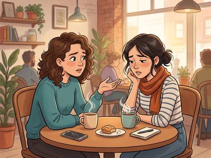 カフェで話す女性と、悲しげな表情で聞く女性のイラスト。テーブルにはコーヒーカップ。