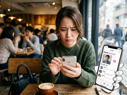 カフェでマッチングアプリを見て困惑する女性。