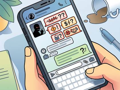 スマホの画面に怪しいメッセージ。ハッカー、警告、金銭要求の記号。