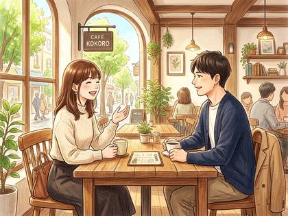 明るいカフェの窓際で、コーヒーを飲みながら笑顔で談笑する男女のイラスト。