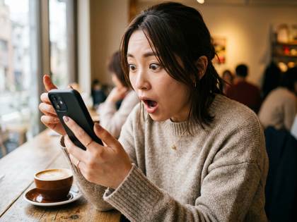スマホを見て口を大きく開けて驚く女性