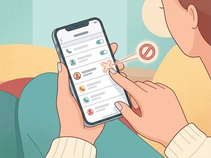 女性がスマートフォンで、連絡先のブロック設定をしている。