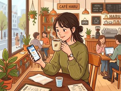 カフェの窓際でコーヒーを飲み、スマホを見る女性と店内の様子。