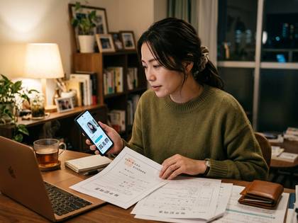 自宅のデスクで書類とスマートフォン、PCを操作する女性。