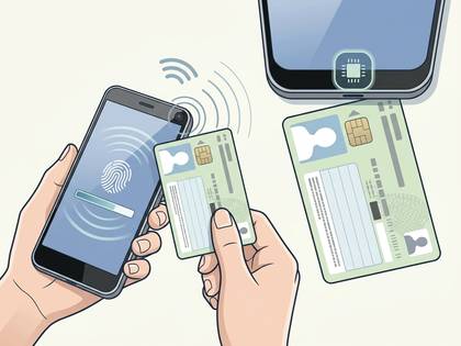 スマートフォンでICカードを読み取り、指紋認証で情報連携する様子。