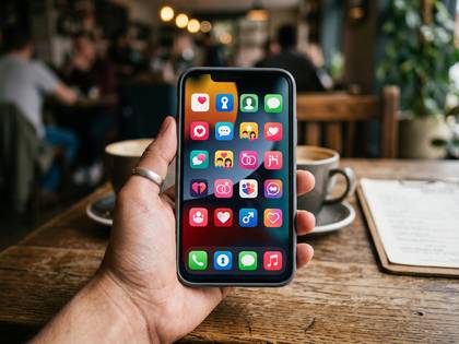 カフェでスマホを持つ手。画面には恋愛系アプリのアイコン。
