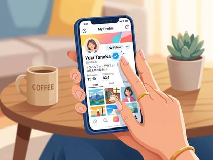 スマホでSNSプロフィールを見る手。隣にはコーヒーと観葉植物。