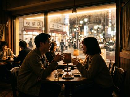夜の街を窓越しに望むカフェで語り合う二人。