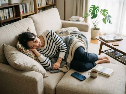 ソファでブランケットをかけ、目を閉じて休む女性。