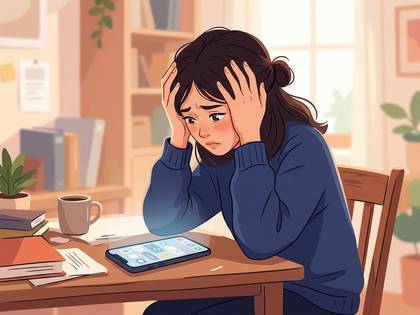 スマホを前に頭を抱えて悩む女性。