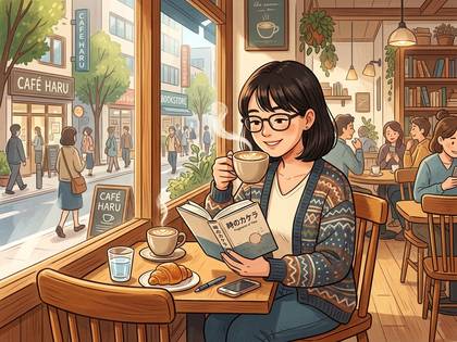 カフェの窓際でコーヒーと読書を楽しむ女性。外の街並みと賑やかな店内。