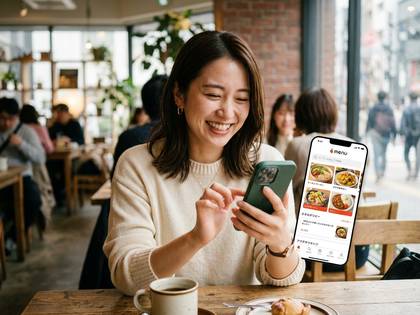 カフェでスマホのフードデリバリーアプリ「MENU」を操作し笑顔の女性。