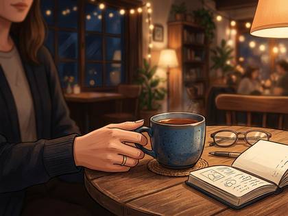 カフェで温かいコーヒーを飲む女性の手元。ノートと眼鏡があり、くつろいだ雰囲気。