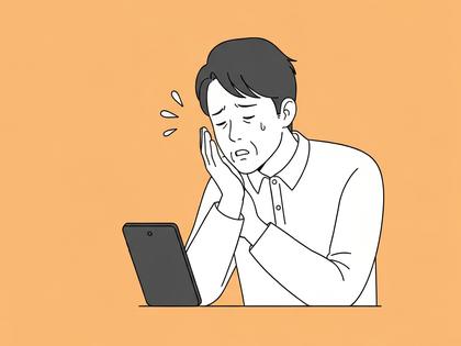 スマホを前に疲れた表情でため息をつく男性のイラスト