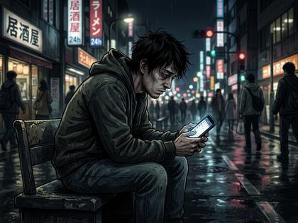 夜にスマホを握りしめて沈んだ表情の男性のイラスト