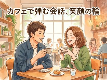 カフェで自然に談笑する男女のイラスト