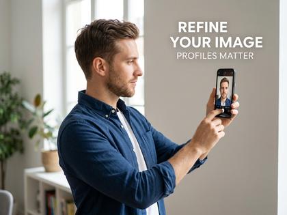 プロフィール写真を撮り直している男性のイラスト