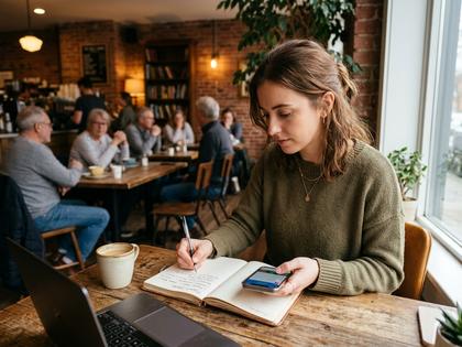 カフェでスマホを操作しながらメモを取る20代女性