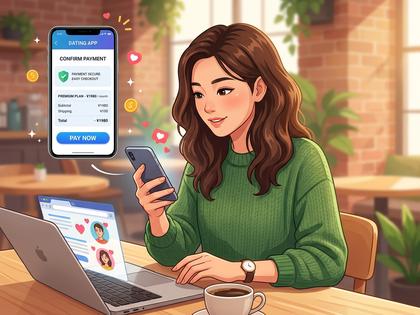 スマホでマッチングアプリの課金画面を確認している女性のイラスト