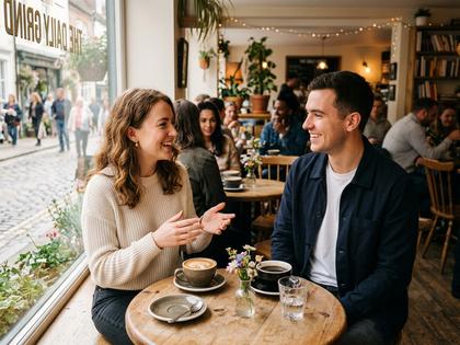 明るい時間帯のカフェで初対面の相手と会話する女性のイメージ