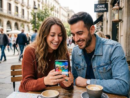 笑顔でスマホを見ている男女のイメージ